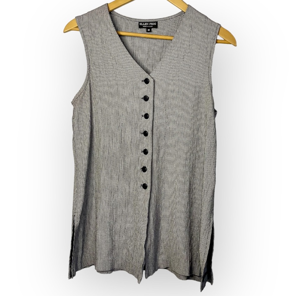 Vintage Micro Houndstooth black white button up vest with back tie Ellen Figg